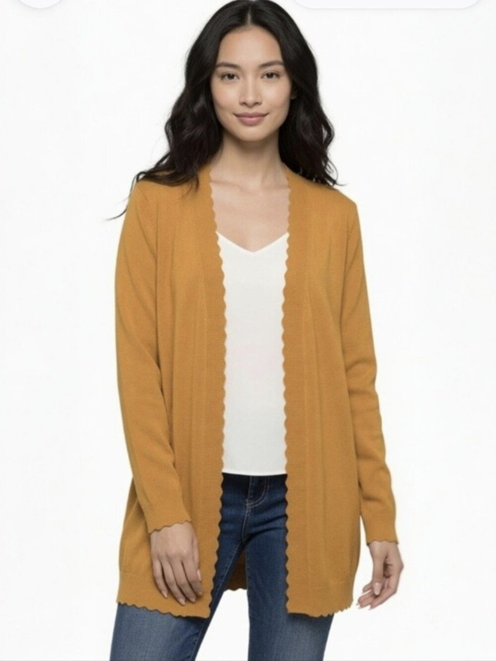 Evolution By Cyrus Open-Front Scallop Edge Cardigan Sweater - Mustard Size XSP